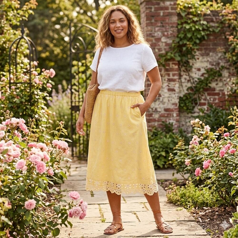 Old Navy Plus 2X Yellow Eyelet Midi Skirt Scalloped Hem Cotton Lined Pockets